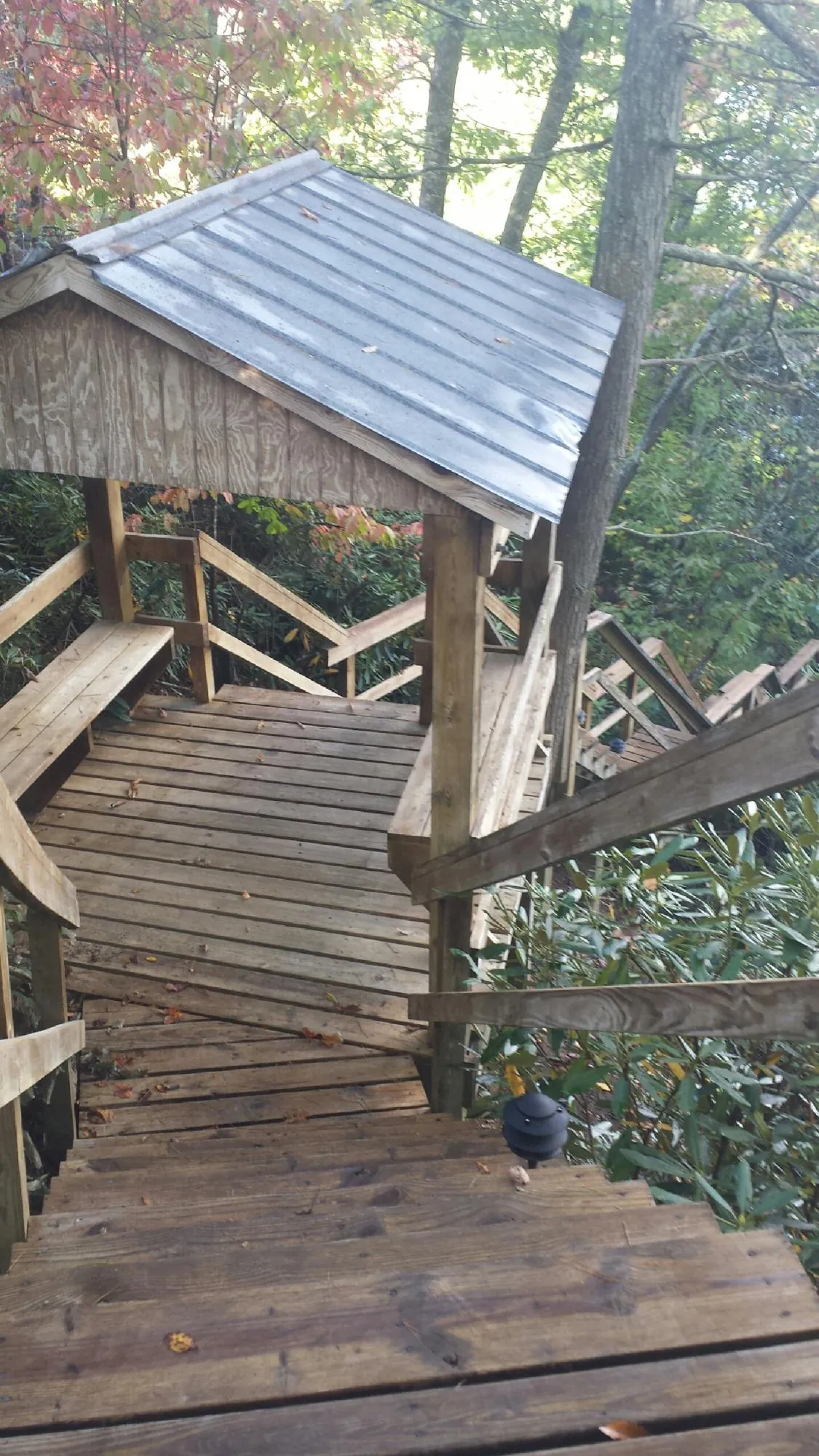 Metal roofed shelter over wooden steps on a wooded walkway — Skylight Repair & Installation work by our crew in Charlottesville
